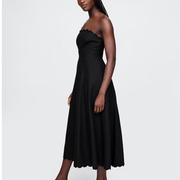 NWT Linen-Blend Scalloped Midi Dress Black L - Picture 3 of 5